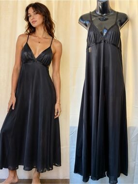 Vintage Black Nylon Satiny Nightgown Maxi Slip Dress  Goth Grunge